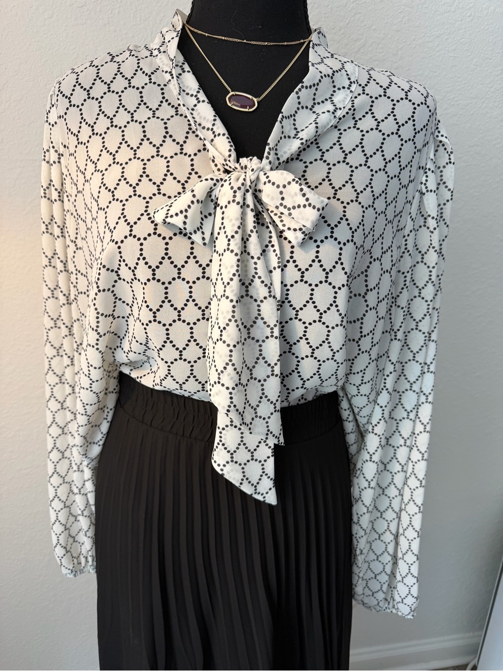 Adrianna Papell Black & White Bow Tie Neck Blouse